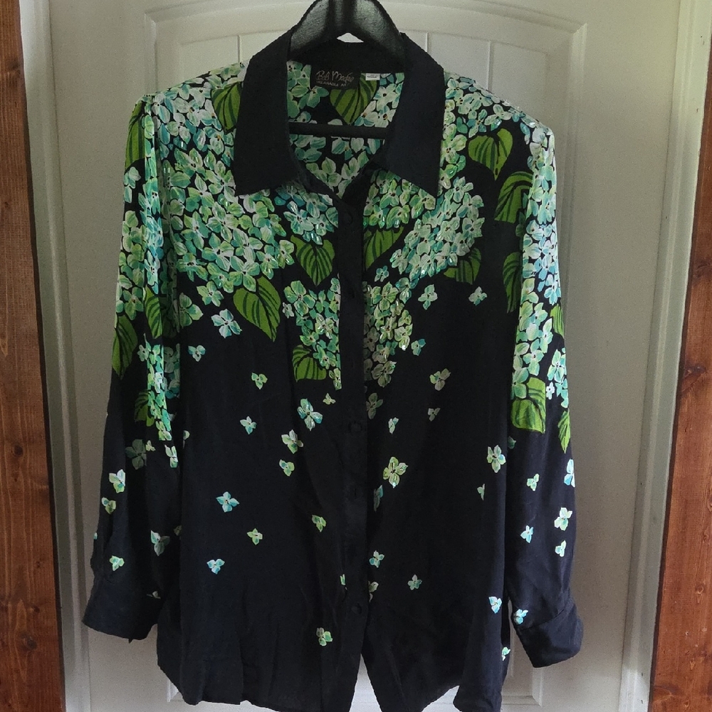 Bob Mackie Green and Blue Floral Shirt With Iridescent Beads On The Front